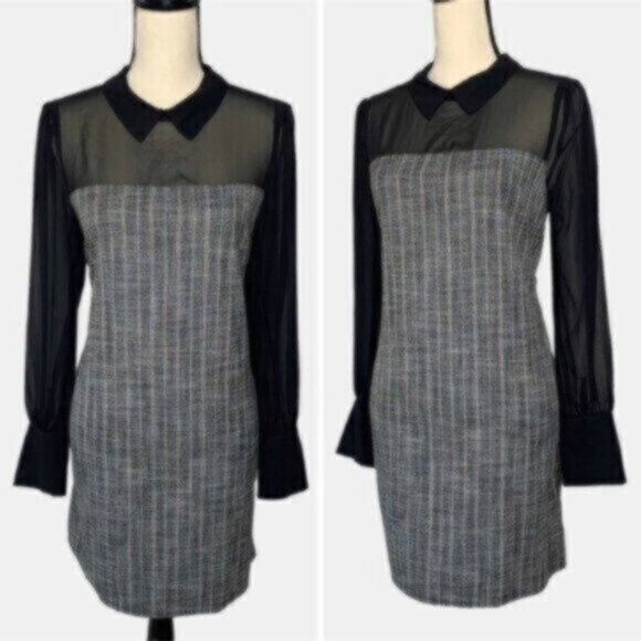 NWT BCBGeneration Black Sheer Sleeve Twill Plaid Pattern Dress - Picture 3 of 15
